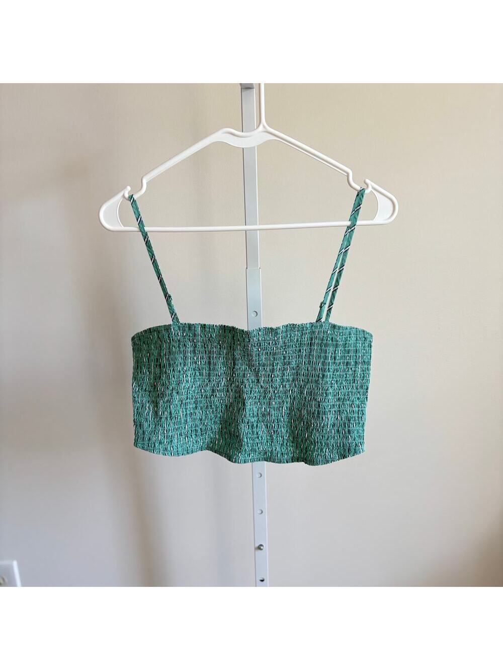 American Eagle NWOT Women's Green Striped Shirred Bandeau Crop Top Size M